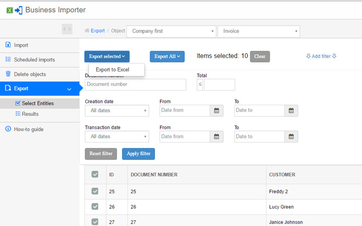 Business Importer export functionality