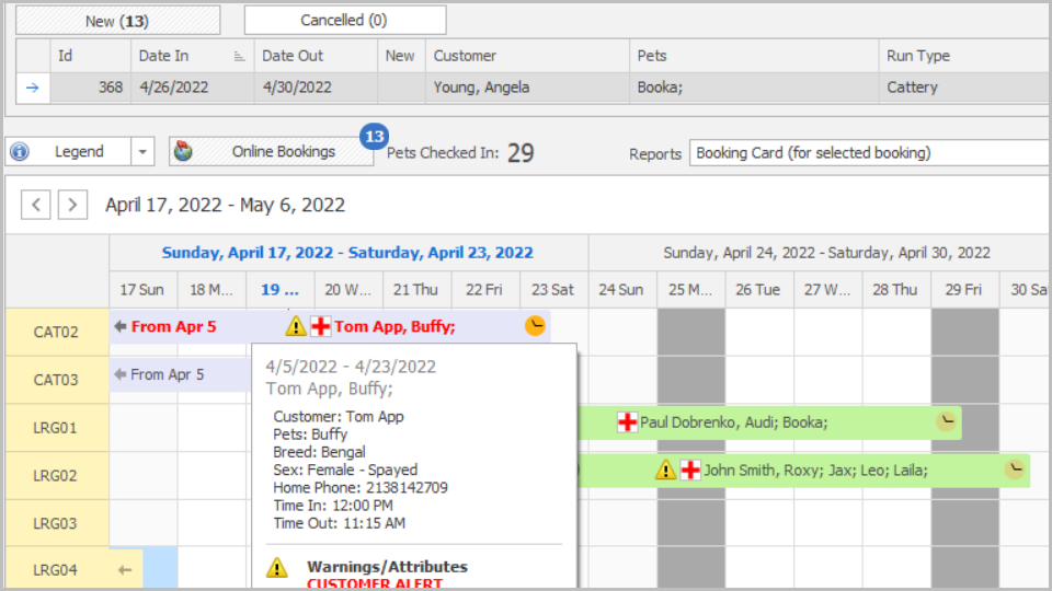 View boarding bookings quickly for any date. Color-coded bookings easily identify check ins, check outs, occupied and full runs.  Drag and drop to change booking dates or runs.