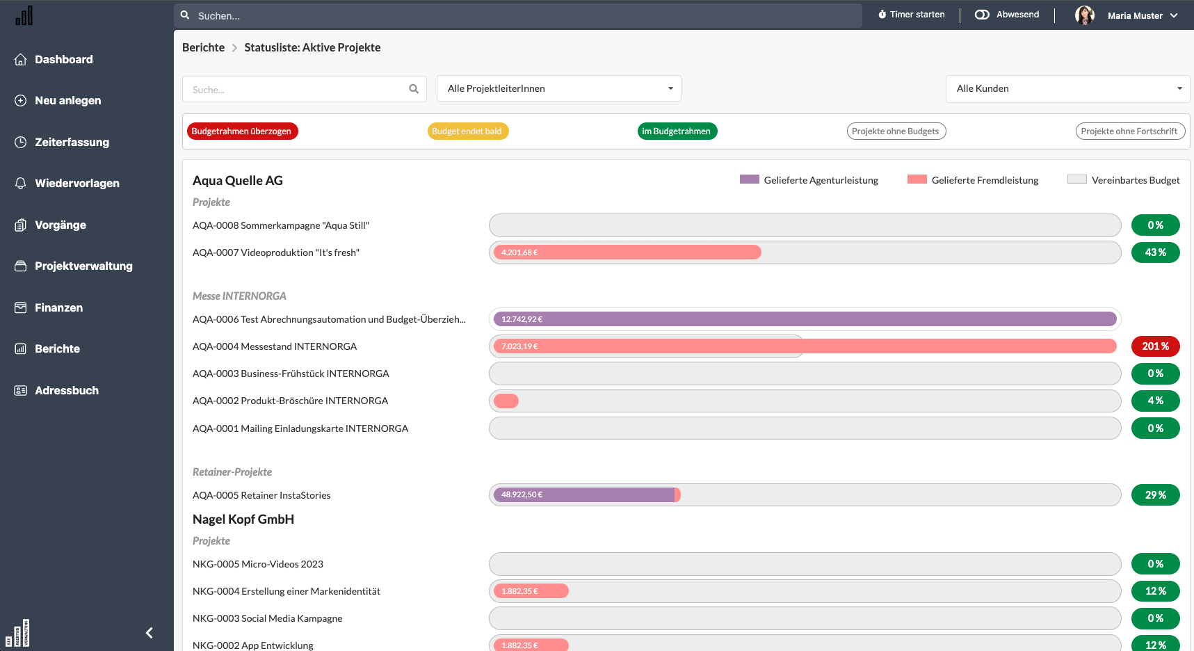 Die Agenturverwaltung screenshot: Kundenübergreifende Reportings