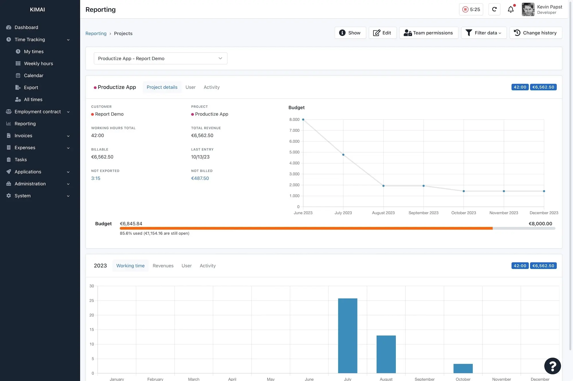 Kimai screenshot: Reporting