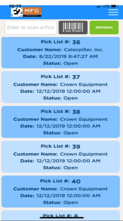 E2 Manufacturing System Software - E2 Manufacturing System order pick list management