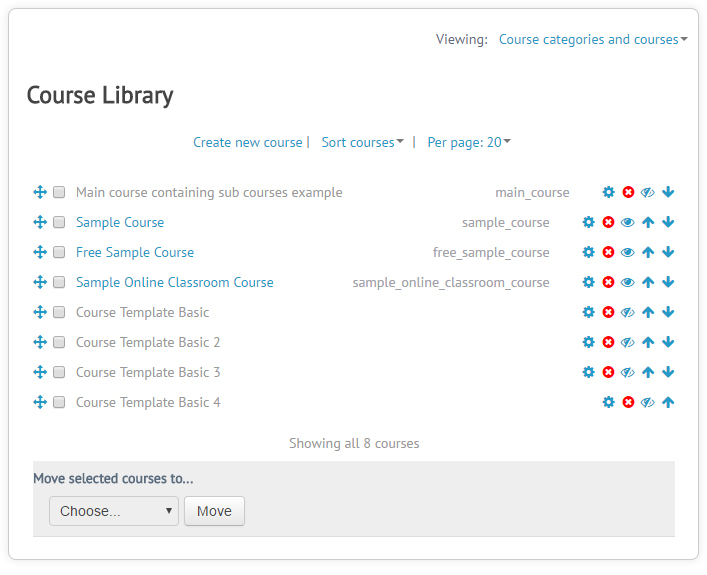 ScholarLMS screenshot: Access and manage courses from the course library