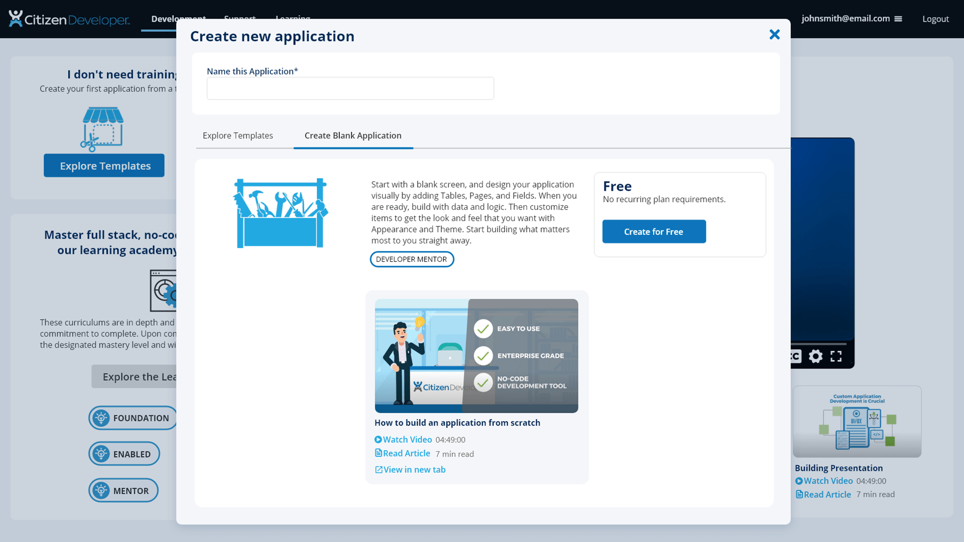 Screenshot of creating a new blank application on the CitizenDeveloper platform.