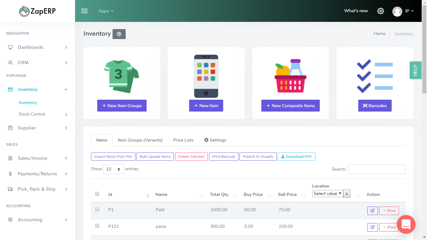ZapERP Inventory