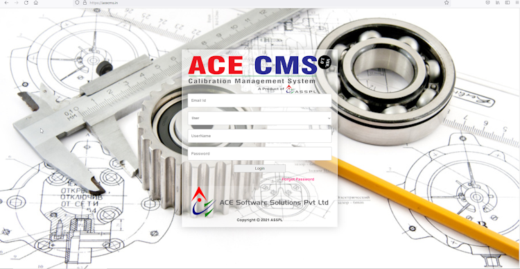 ACE Calibration Management System screenshot: ACE Calibration Management System Login Page - Web Application