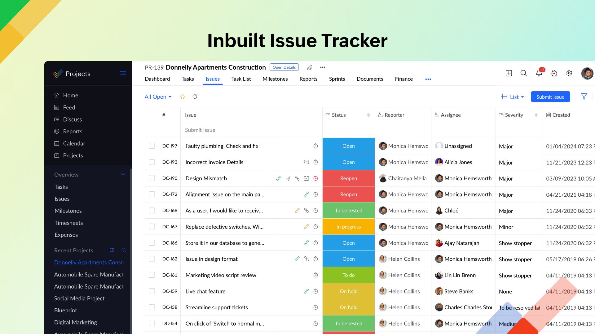 Zoho Projects Software - Inbuilt Issue Tracker