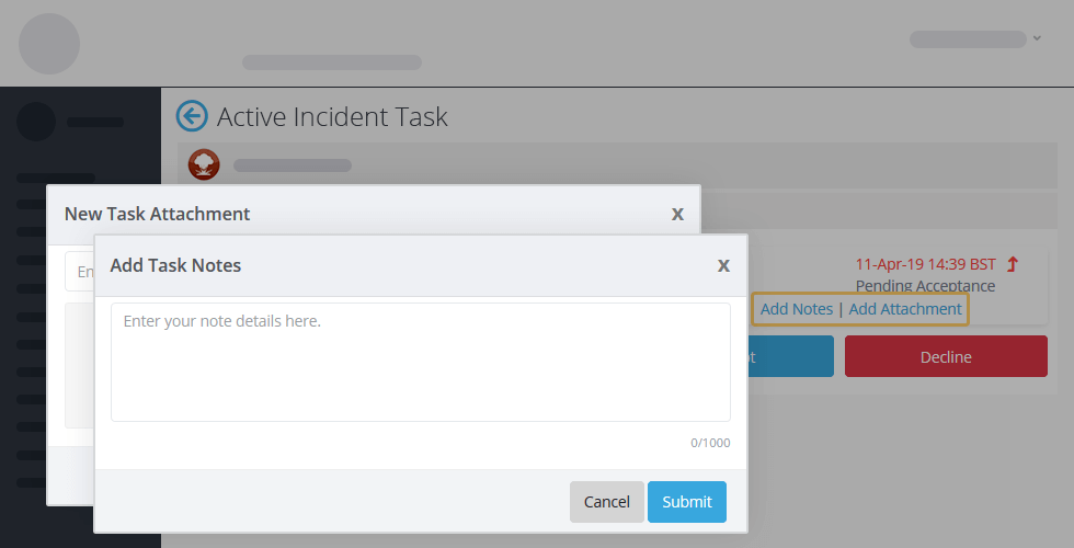 Crises Control add task notes screenshot