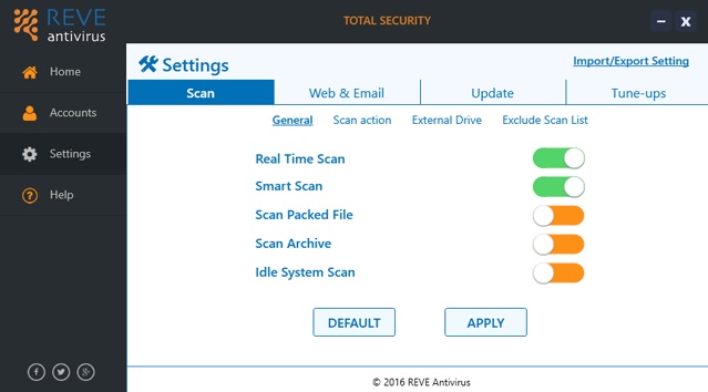 REVE Antivirus screenshot: REVE Antivirus settings