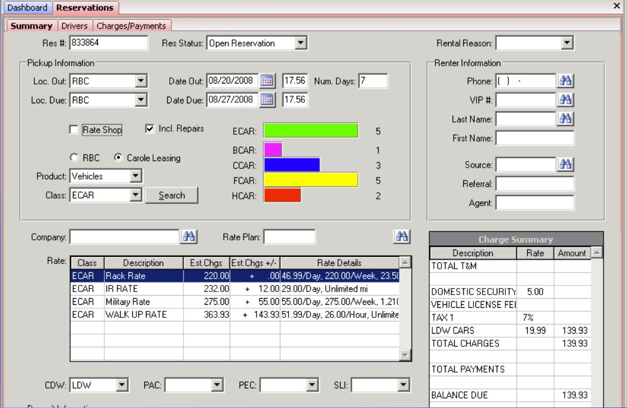 RentWorks Software - The rates & availability inquiry in RentWorks graphically displays the number of vehicles available, and allows for rate shopping.