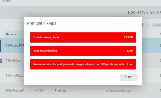 HP PrintOS screenshot: HP PrintOS preflight fix-ups
