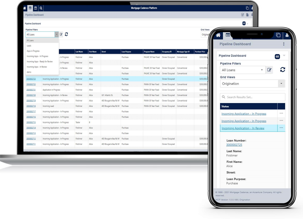 Mortgage Cadence Platform screenshot: Mortgage Cadence Platform Pipeline View