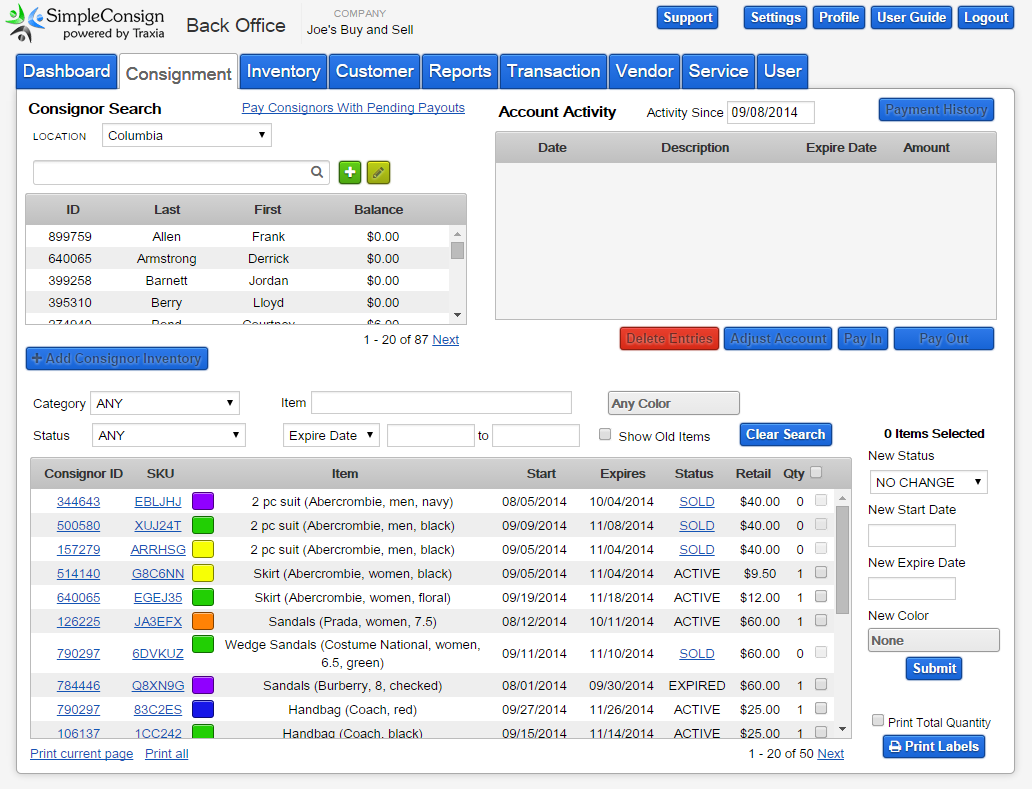 SimpleConsign Software - Users can view consignor account balances, payout histories, inventories, and account activity in a single screen in SimpleConsign