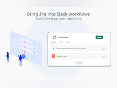 Jira Workflow Steps for Slack Software - Bring Jira into Slack workflows and speed up your projects. An illustration of two people carrying a Jira logo and bringing it onto Slack's Workflow Builder. - thumbnail