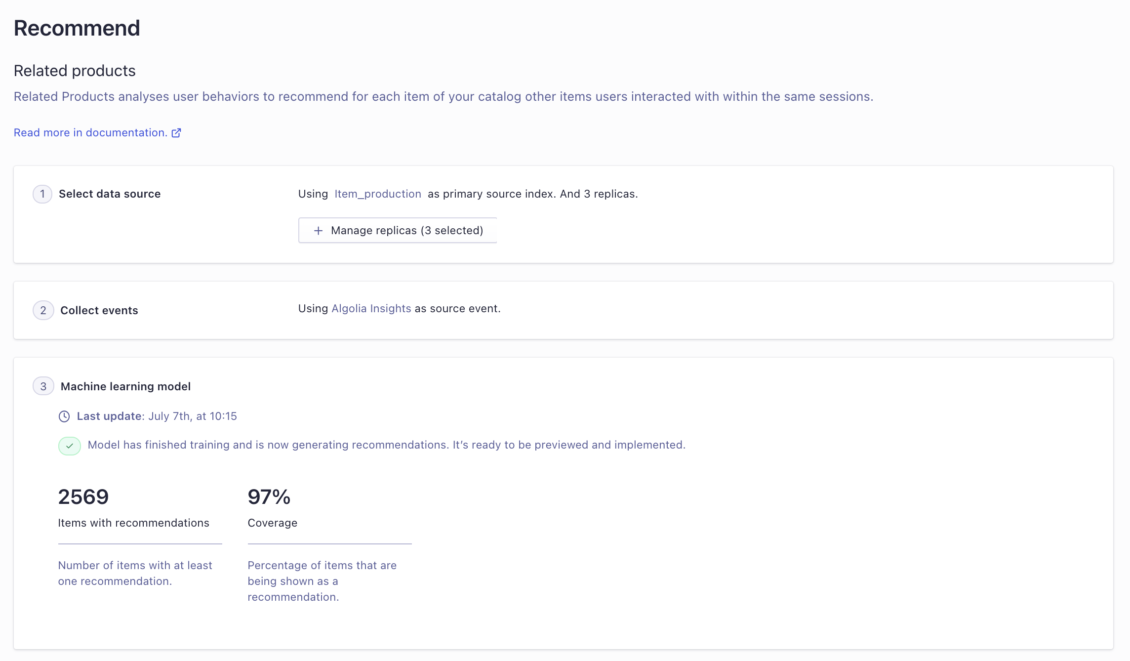 Algolia Software - Getting started with Recommend is easy, simply choose your index, denote the events, and choose your model.