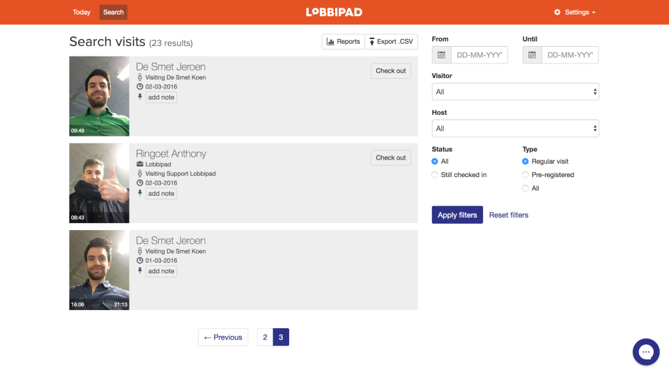 The Lobbipad searchable web database keeps a record of all visits with data gathered from the check-in process