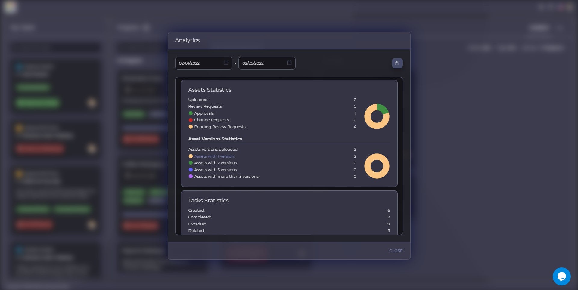 Approval Studio Software - Get statistics for your projects for a certain period, then export them in a format suitable for your needs. Customize the tool and the dashboard, switching between light and dark modes or adding your business logo.