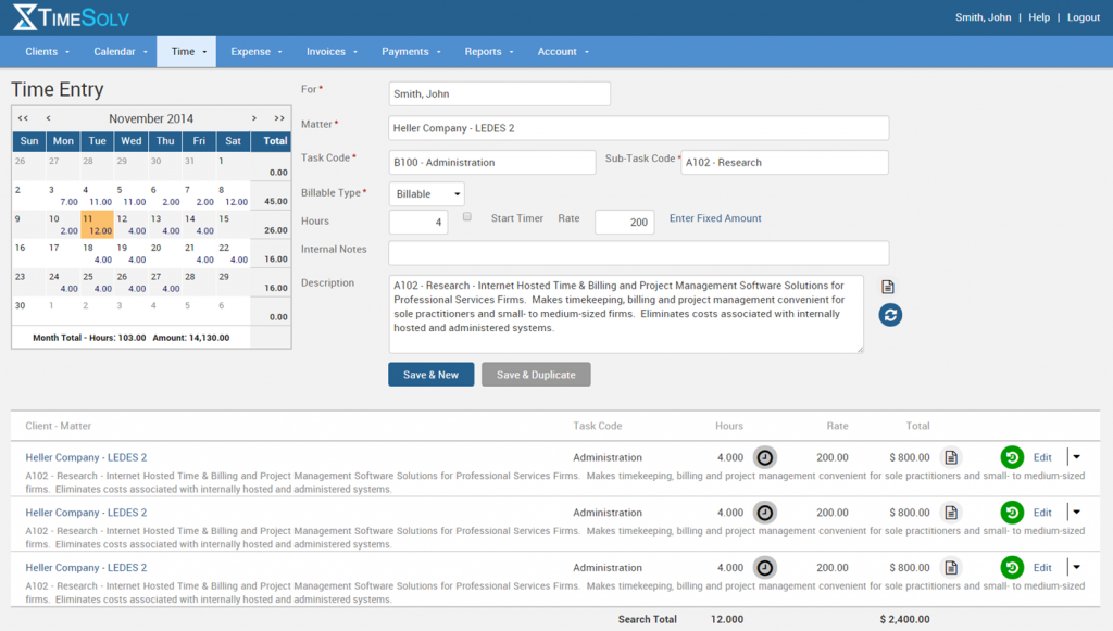 TimeSolv Legal Billing Software - TimeSolv time details screenshot
