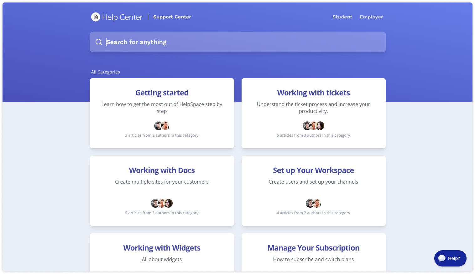 HelpSpace Software - HelpSpace Docs: we offer 3 awesome styles that faces your customers. This is the classic Help-Center Style. Besides, we have Blog and Documentation.