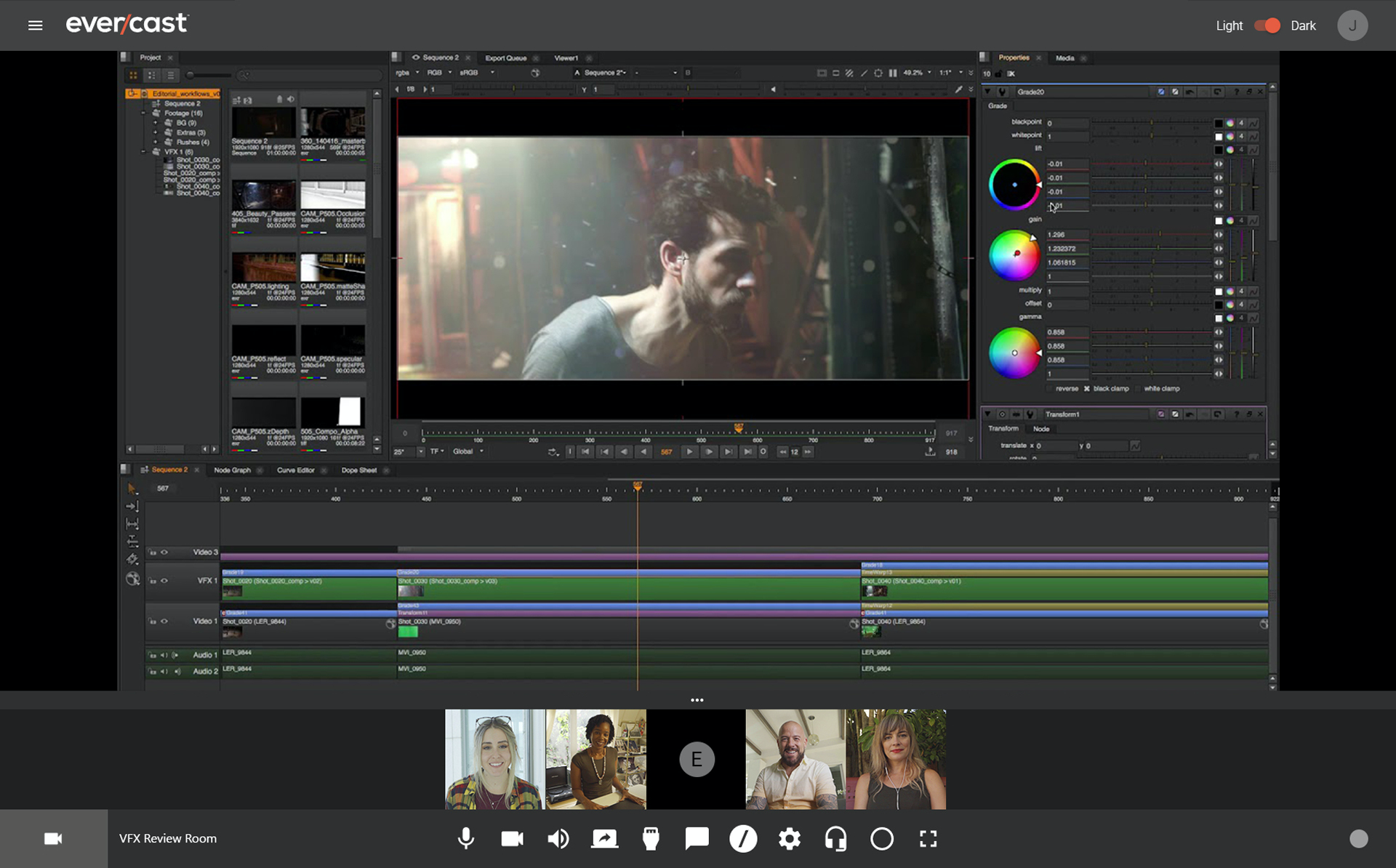 Video conference while editing visual effects. Address feedback in real time with your team -- plus record, draw, and take time-stamped notes for seamless collaboration.