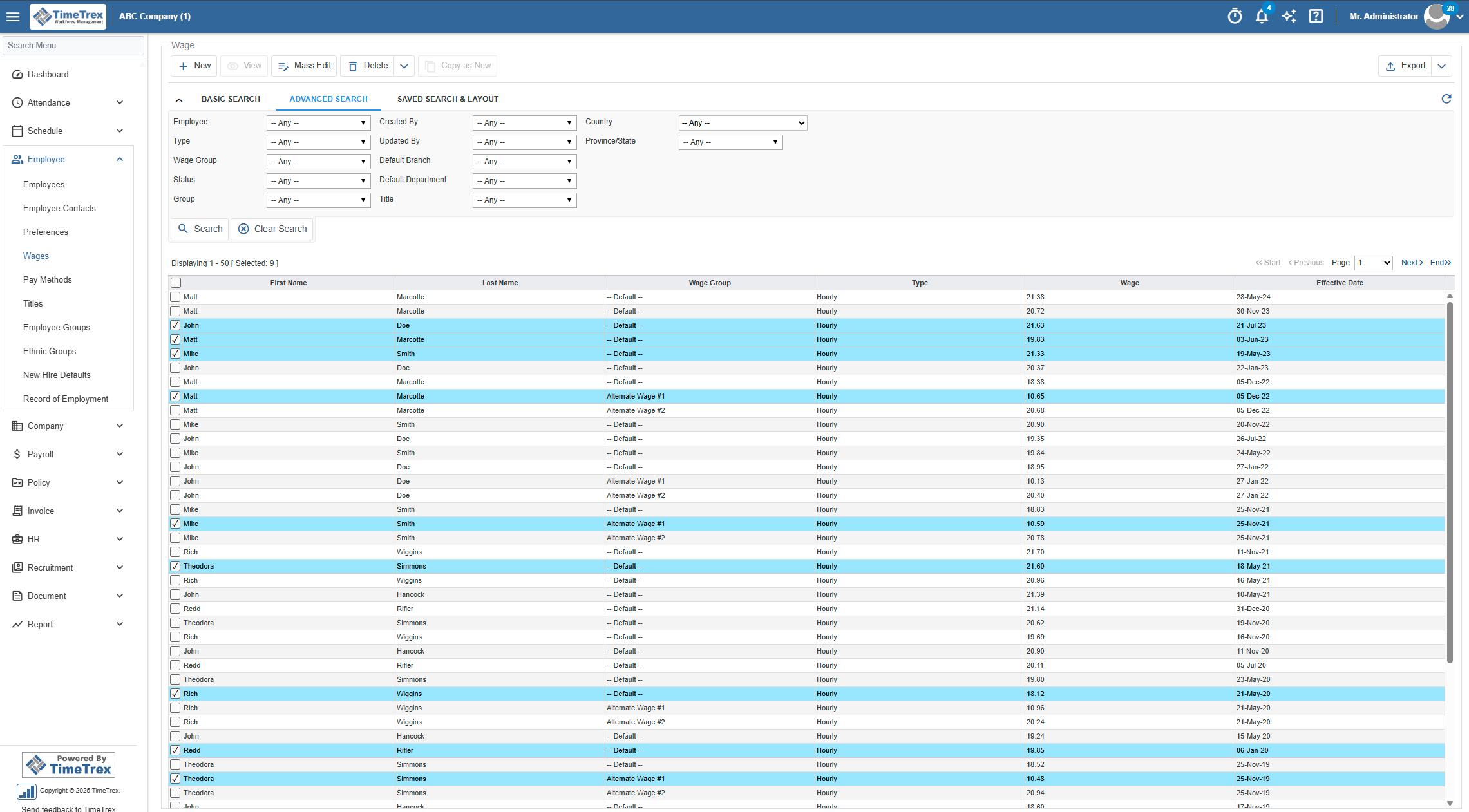 TimeTrex Software - Employee Wages Advanced Search