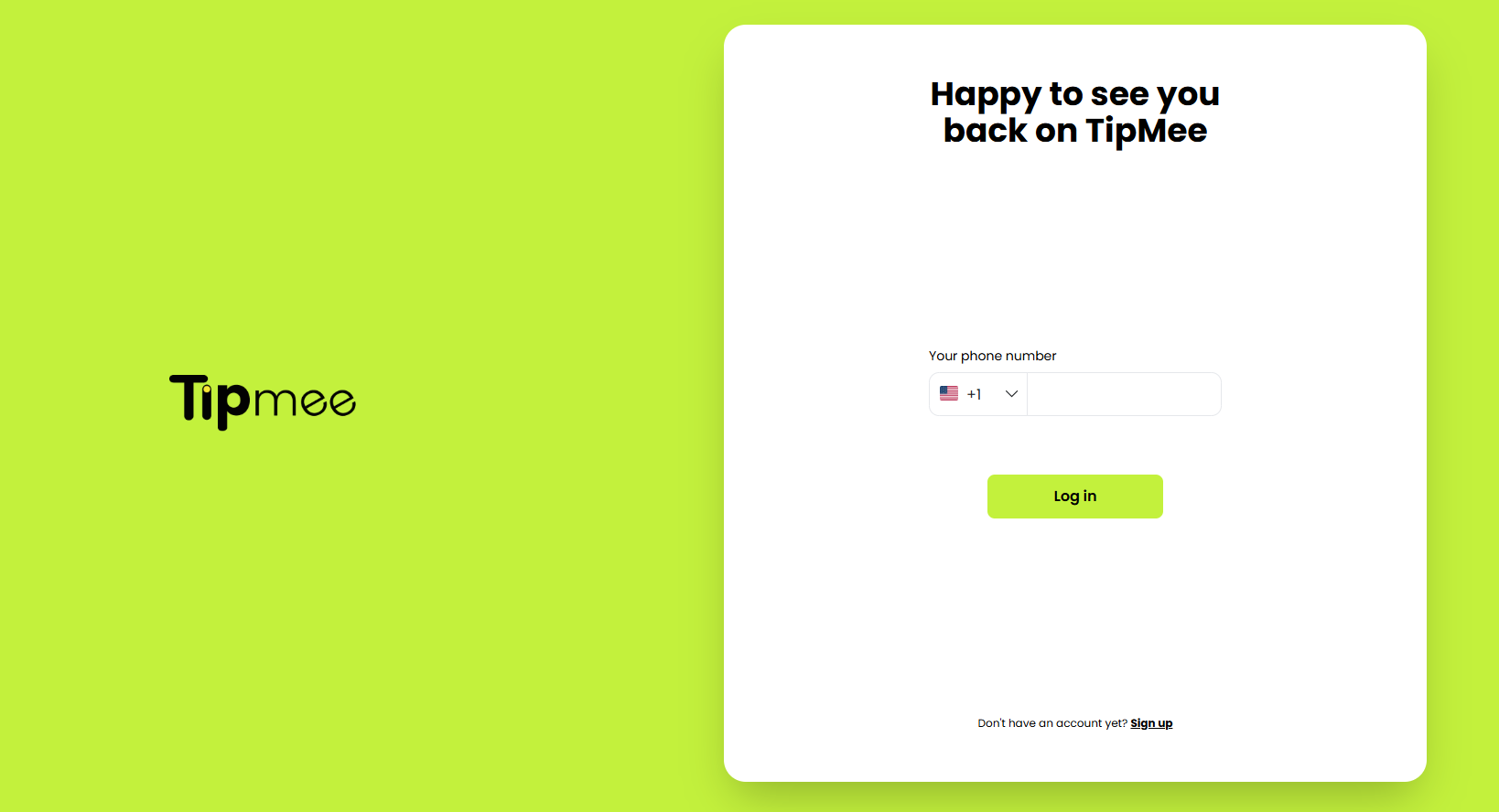 TipMee screenshot: TipMee login page