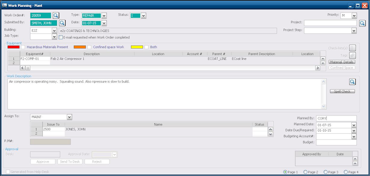 DirectLine screenshot: Maintenance and work order management module