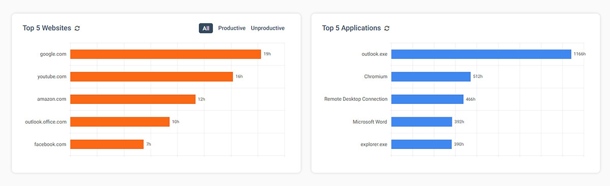 The top 5 websites and applications graphs in the dashboard show you the most popular activities for the selected group or user.