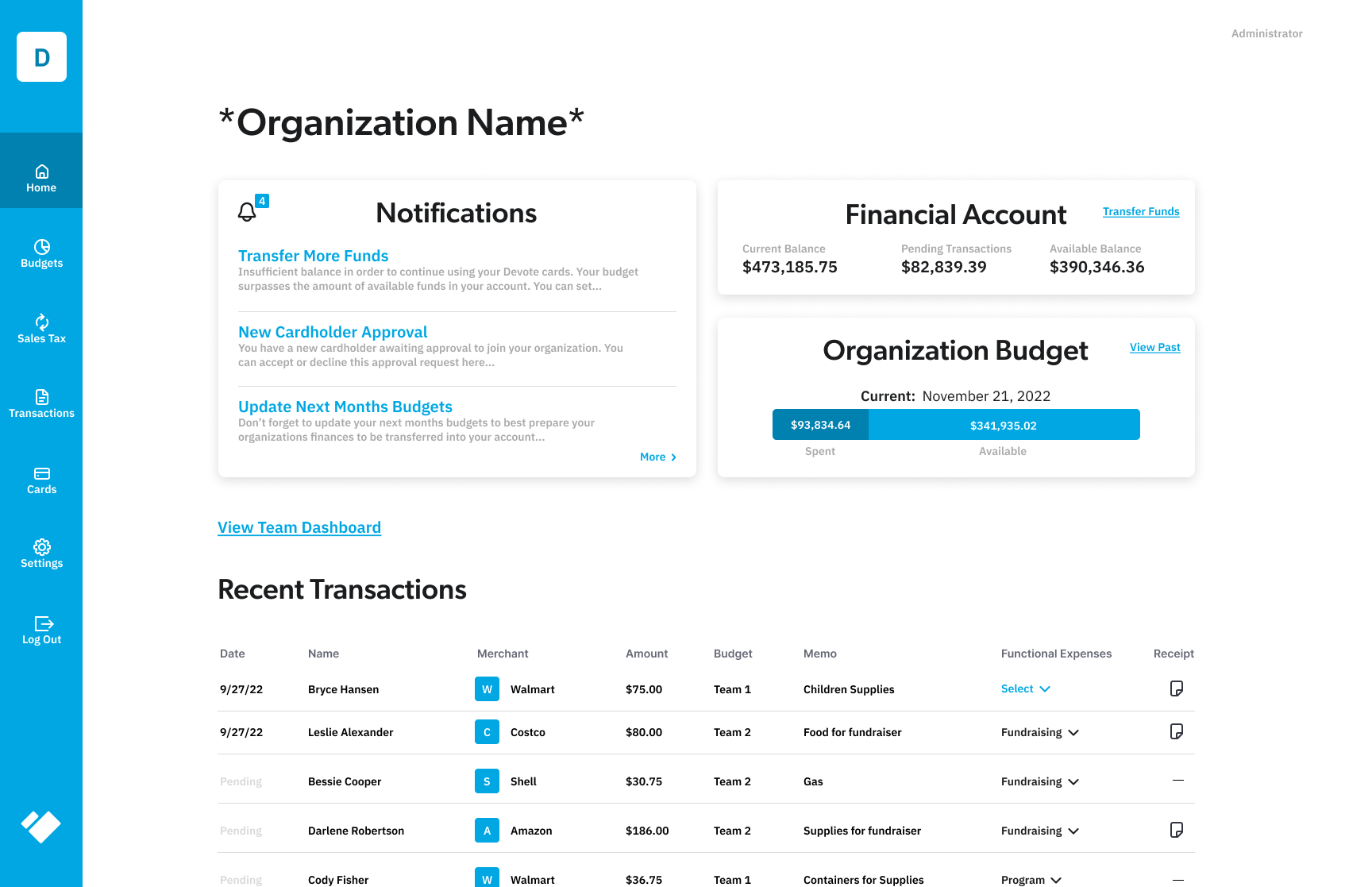 Devote screenshot: Our home dashboard for the organization. Where some of the most important information can be found.