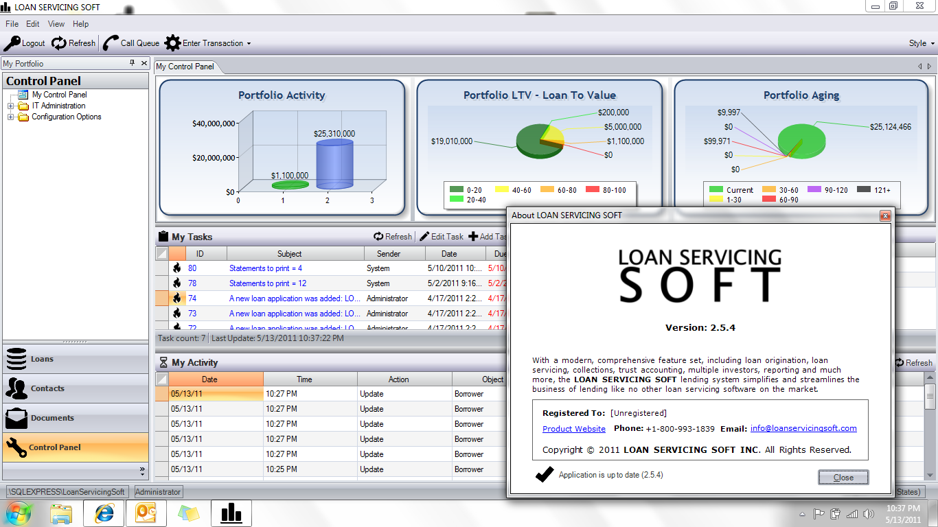 LOAN SERVICING SOFT Software - System Control Panel / Dashboard - This is the main system control panel / dashboard. Workflow and tasks flow in/out from this screen keeping you and your co-workers on top of things.