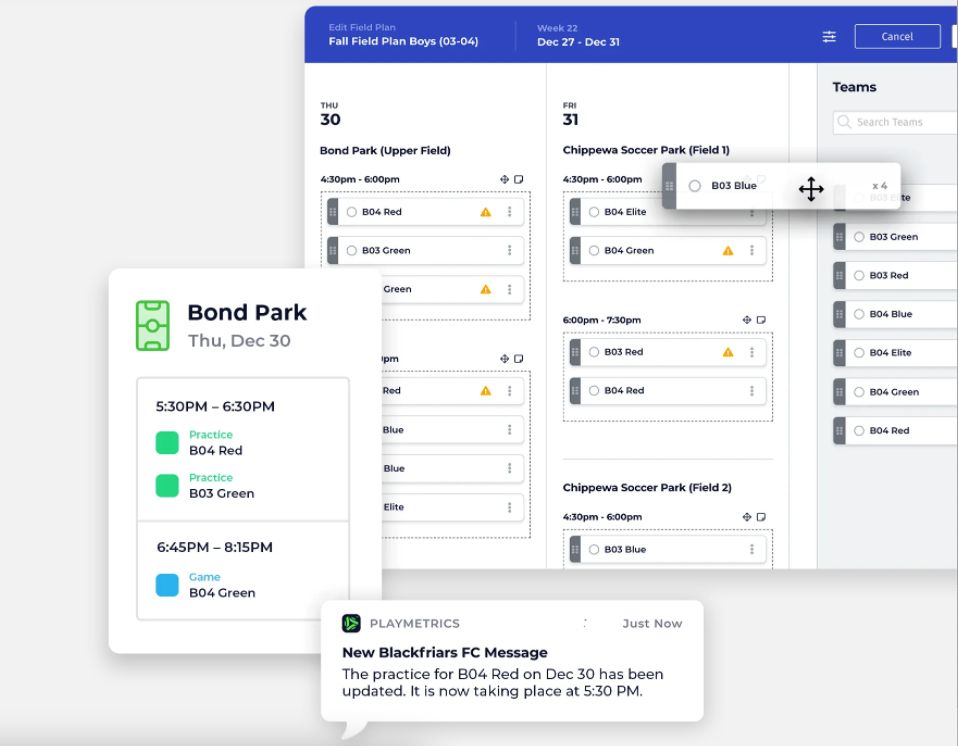 Create custom field plans for any season or team, monitor real-time field usage, and manage time slots with our drag-and-drop interface. When you close or change fields and times, automated high-alert notifications are sent to everyone affected.