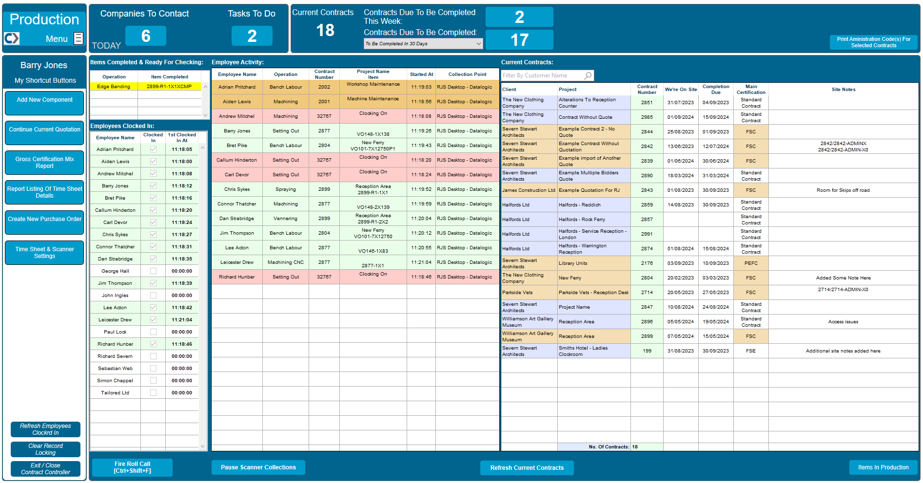Contract Controller Software - Production Overview

Using the production manager’s dashboard instantly see which employees have clocked in, what they are working on and what contracts are currently live.
