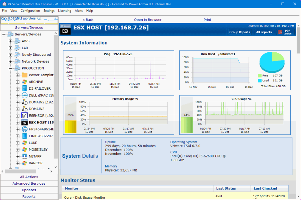 PA Server Monitor view system information
