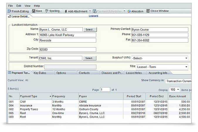 Primavera Unifier screenshot: Primavera Unifier lease management