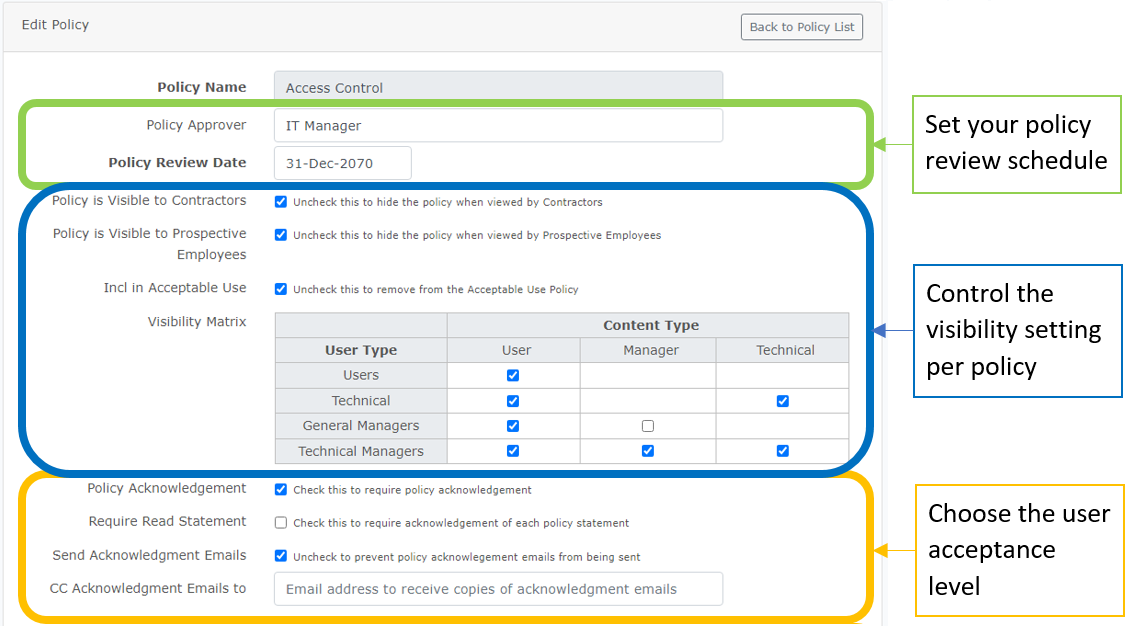 Manage Content – Set policy review dates, hide policy content or make it visible based on user type, and select user acknowledgement levels for each policy.