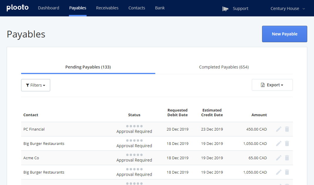 Plooto Software - Plooto Accounts Payable Dashboard | View all of your client's pending and completed payables