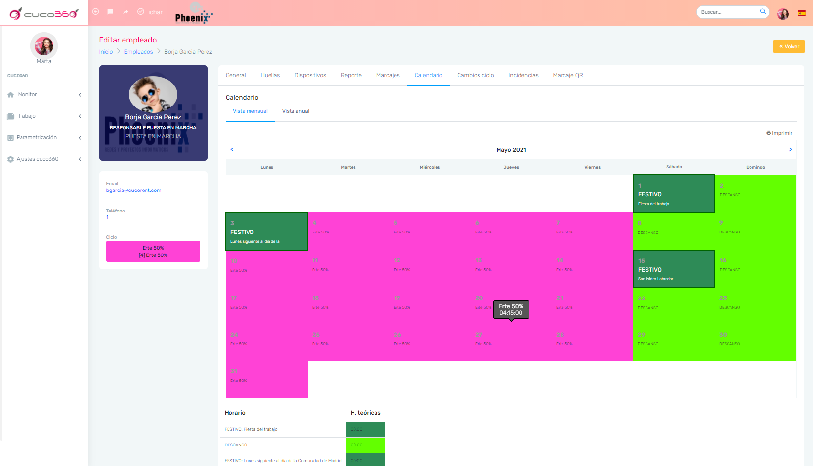 Cuco360 screenshot: Calendario y vacaciones