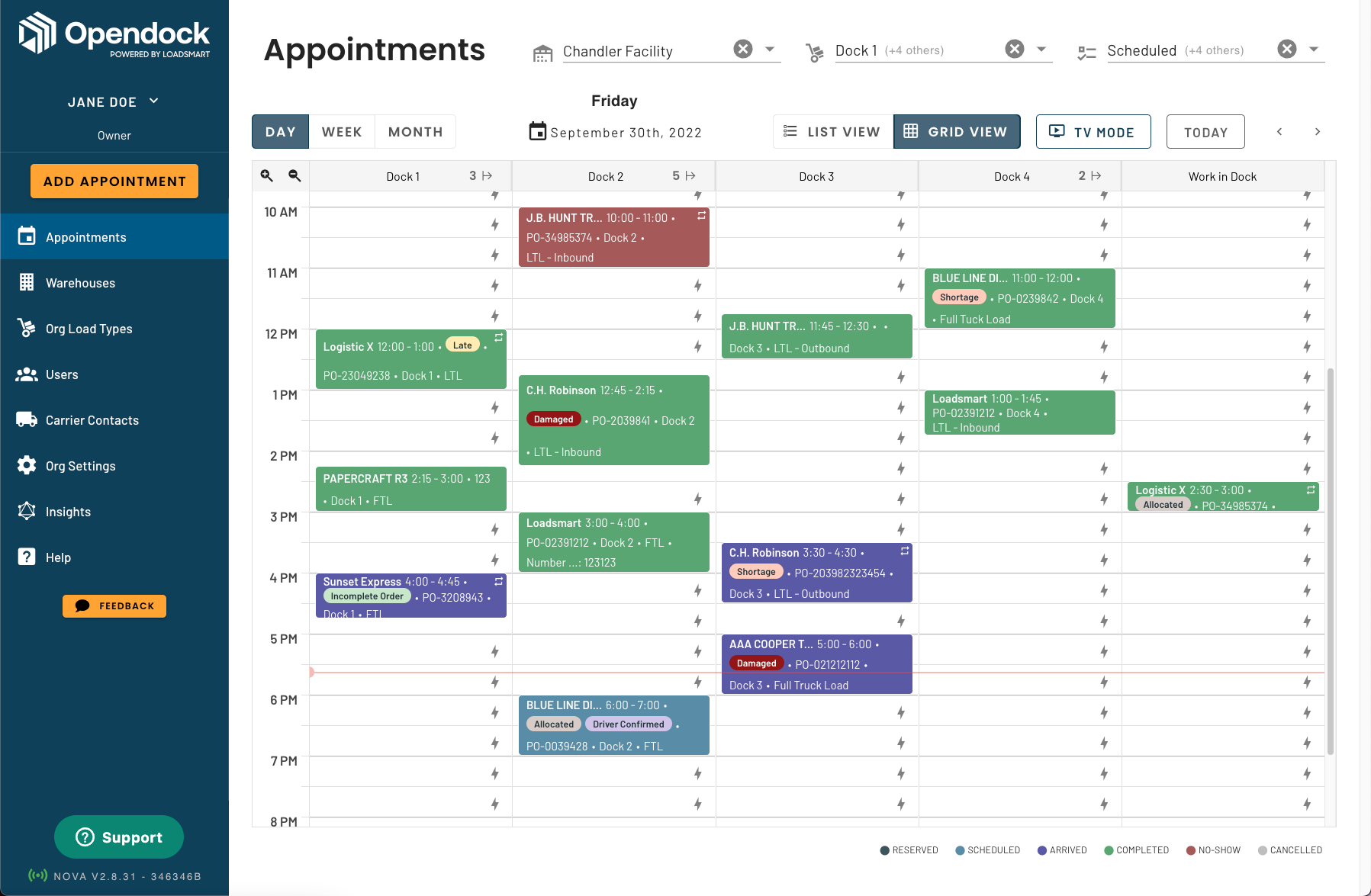 Opendock Scheduling Calendar