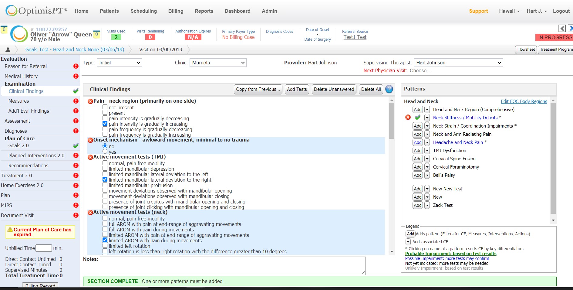 OptimisPT screenshot: Clinical Decision Support - Base on Published Practice Guidelines
Library and customizable templates, and clinical support patterns. Compliance prompts and rules.