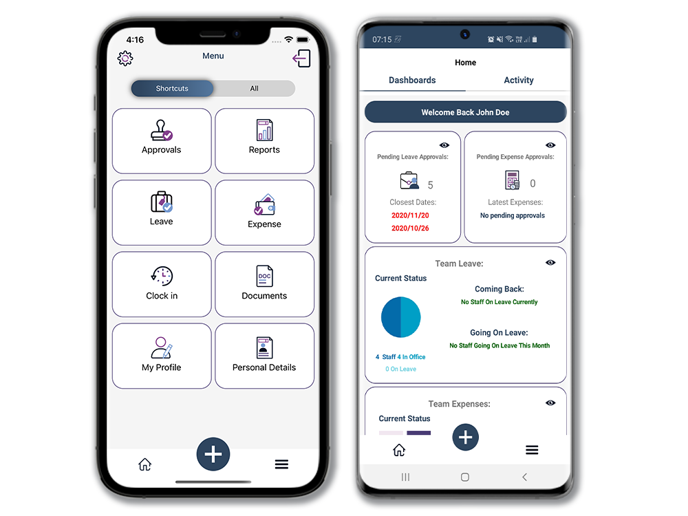 HR Artis screenshot: HR Artis mobile application-home screen view dashboards and main menu