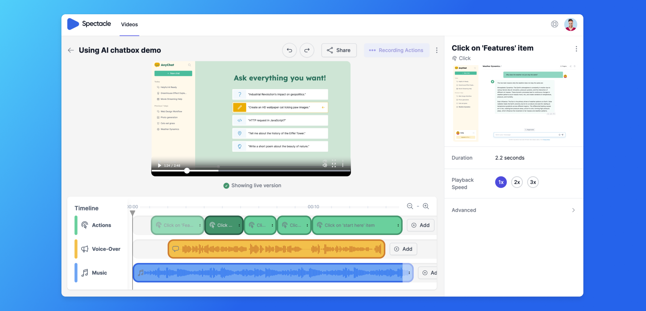 Create professional SaaS tutorial videos for free. Update videos to automatically sync with product changes, without having to start from the beginning.