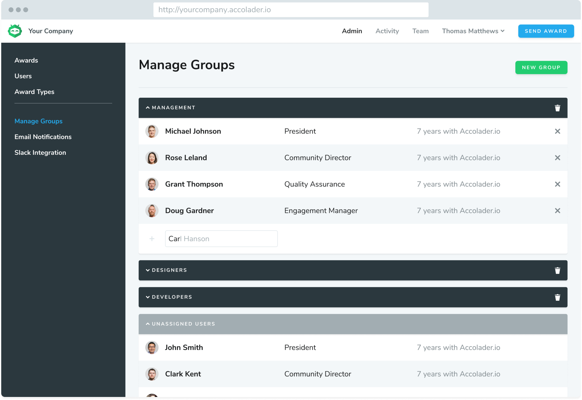 Accolader manage groups