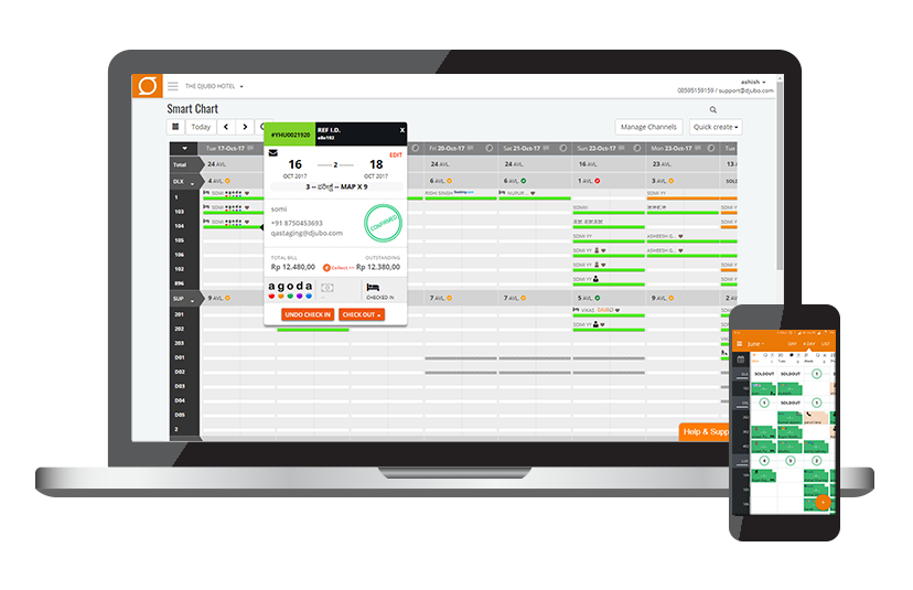Manage check-ins and check-outs, hold and block rooms, process walk-ins and offline enquiries, and more, using the front desk booking calendar tool
