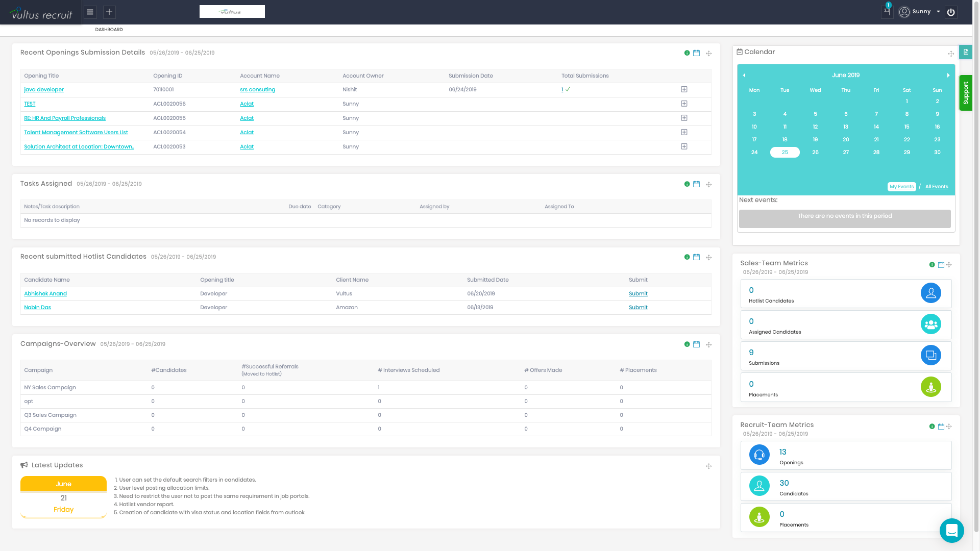 Vultus Recruit screenshot: Vultus Recruit dashboard screenshot