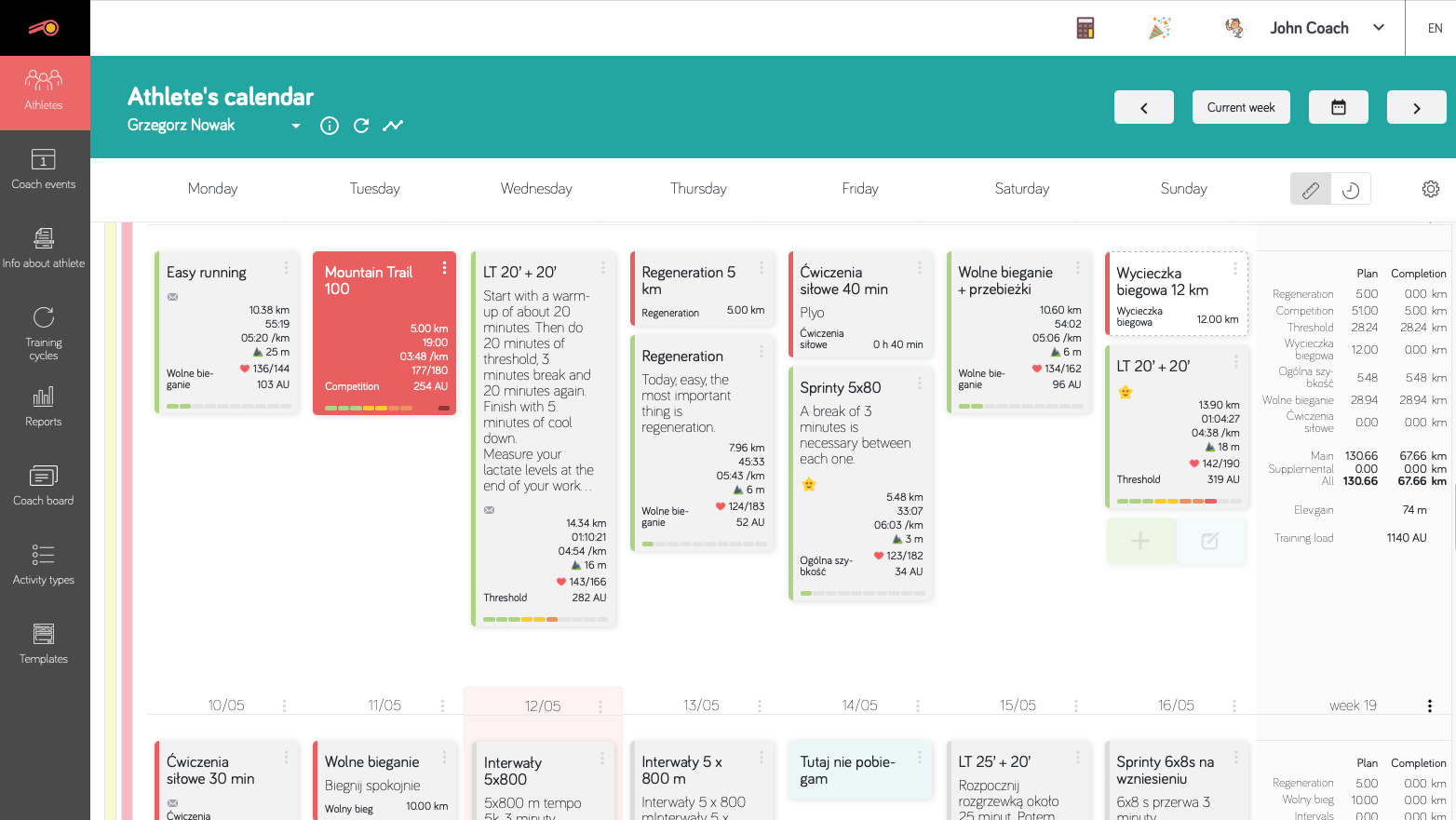 Good Coach App screenshot: Good Coach General calendar (Web application)