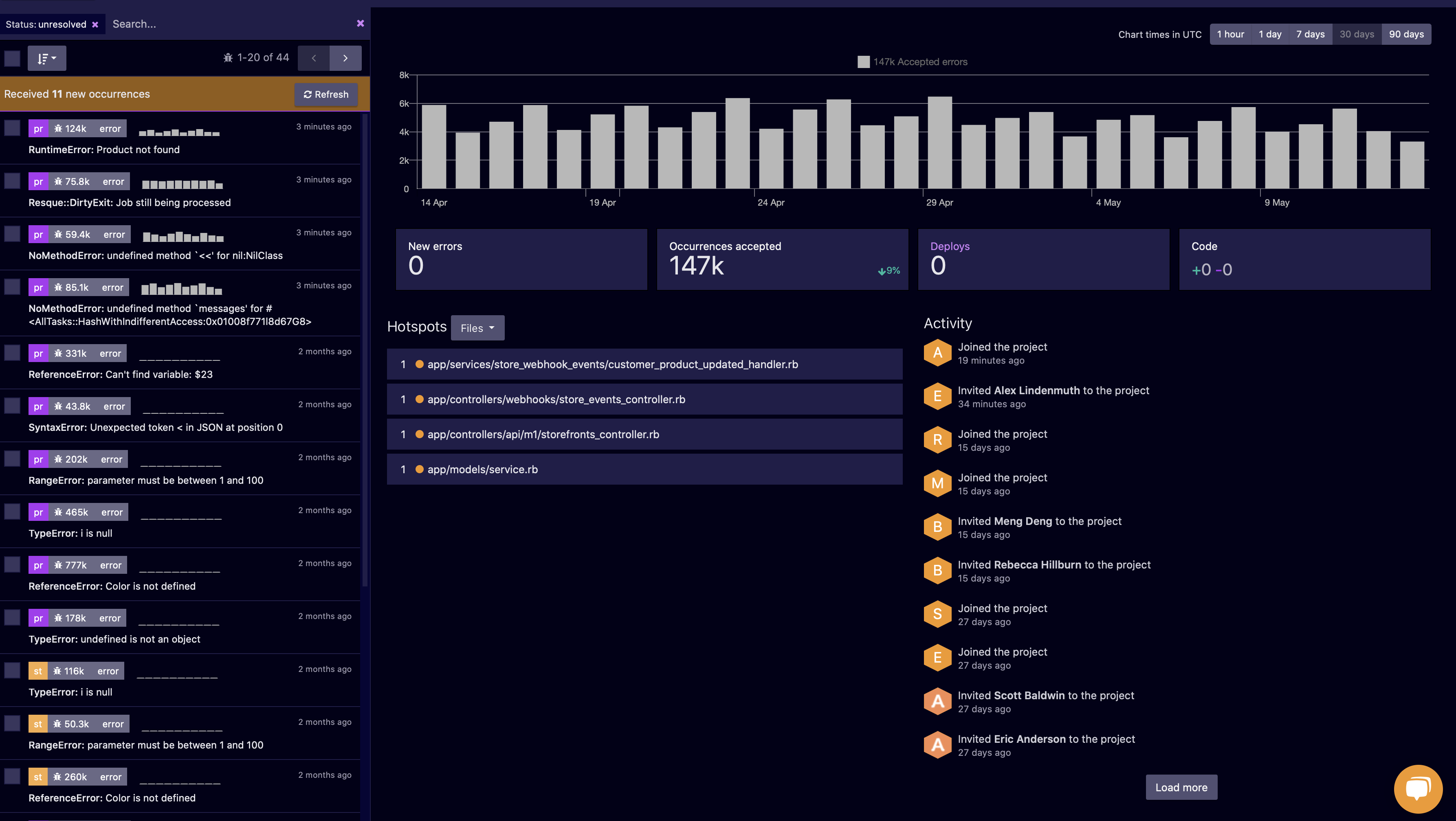 Airbrake screenshot: Whenever a new error impacts your users, Airbrake alerts you in real-time via email or using one our messaging integrations.