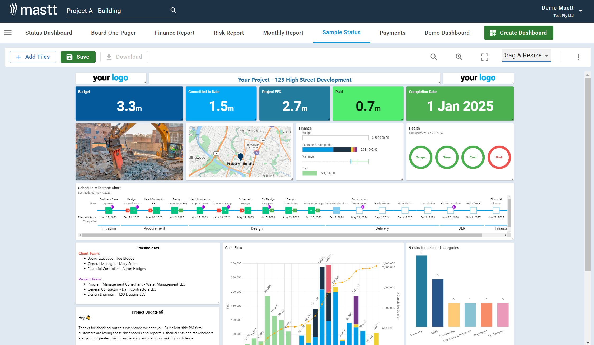 Mastt screenshot: Automated, Configurable Reports & Dashboards - Create high quality visualized reports, dashboards & more instantly from best practice Capital Project report templates. Trust that all project reporting & compliance data is centralised and standardised.