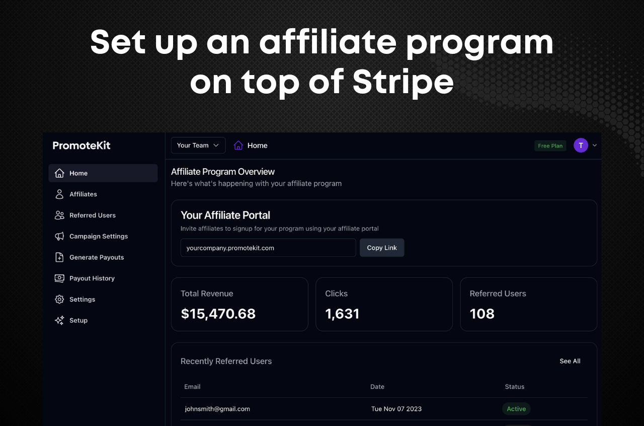 PromoteKit screenshot: Set up an affiliate program on top of Stripe