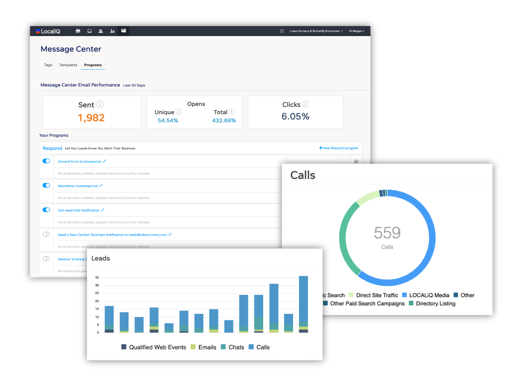 LocaliQ screenshot: Find, convert and keep more customers with LocaliQ’s growth marketing platform. Whether it’s driving leads, improving your online presence, or building existing relationships, we’re here to help you take control of your business.