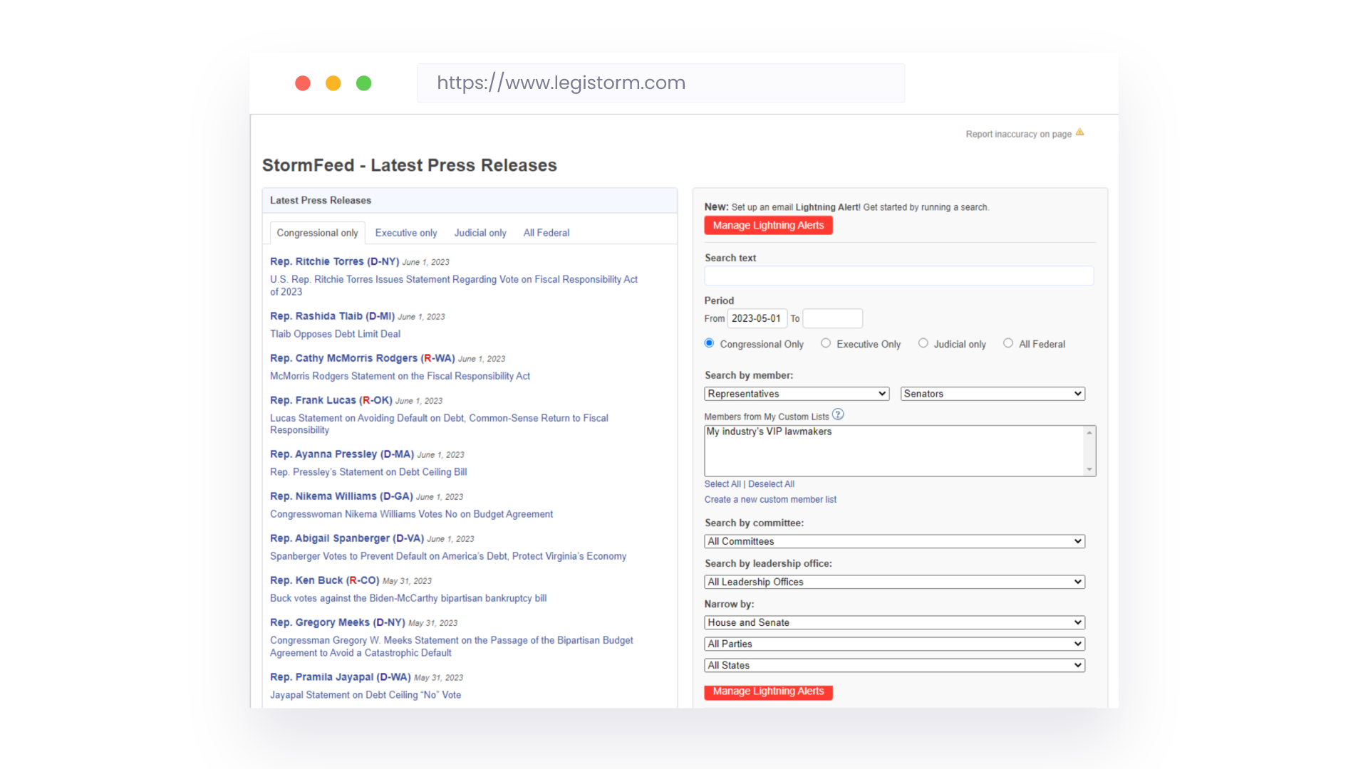 Get real-time access to every press release from congressional, executive and judicial offices or dig through millions of releases dating back to 2013 with ease.