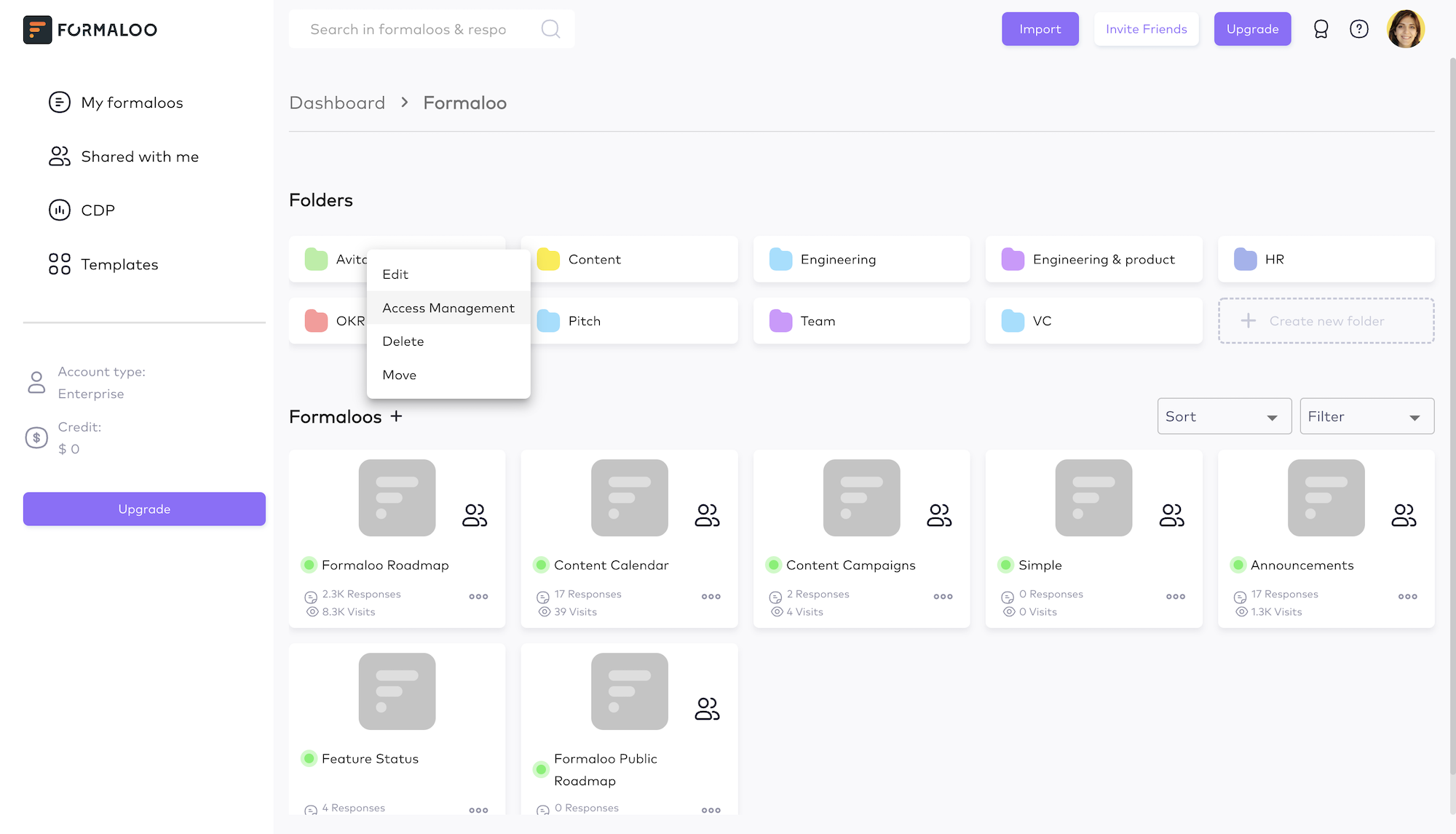 Organize your formaloos with folders and manage your team's access